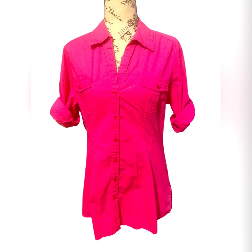 Bright Pink Button Down Short Sleeve Blouse